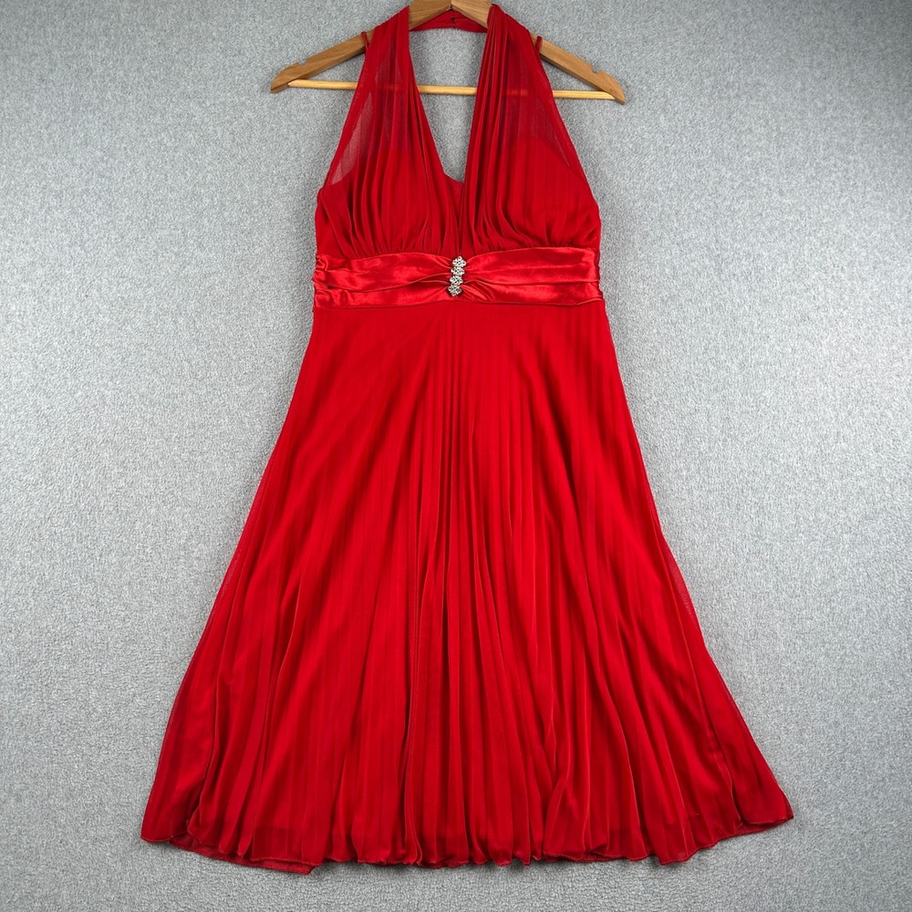 Neon Dress Womens Red Halter Pleated Rhinestone Chiffon Cocktail Neon Bulux USA